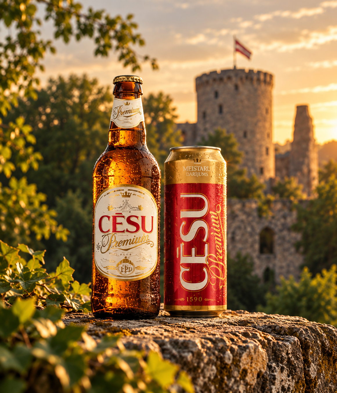 Cēsu alus un Cēsu pils saulrieta gaismā